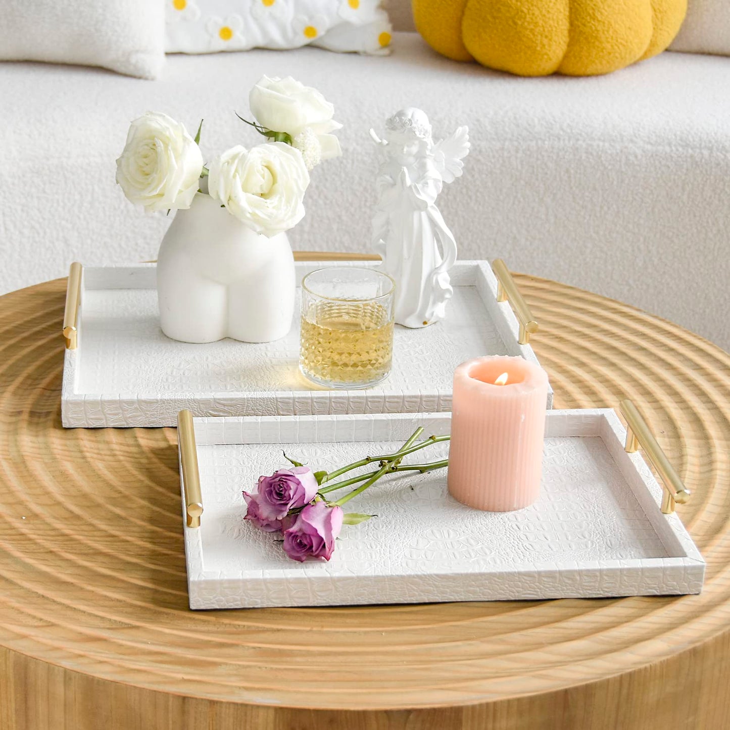 MACVAD Set of 2 Modern Elegant Large Wood Serving Tray, Rectangle Decorative Tray Ottoman Tay Coffee Table Tray, Pearl White Crocodile Leather with Gold Polished Metal Handles