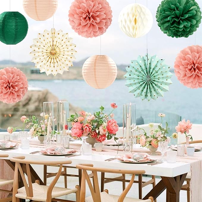 Sage-Green Pink-Beige Boho Party-Decorations Streamers - 14pcs Rustic Neutral Wedding Olive Paper Honeycomb Lanterns Fan,Birthday Baby Bridal Shower Engagement Decor Lasting Surprise