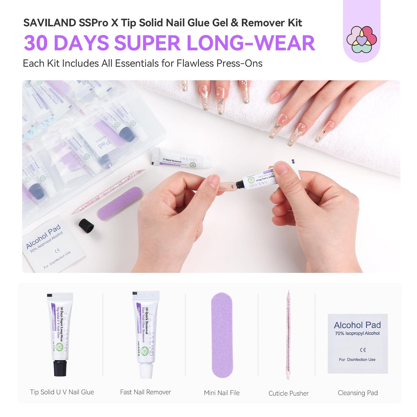 SAVILAND Solid Nail Glue Gel & Remover Kit: Press On Nail Packaging 10-Pack Travel Pocket-sized Press On Nail Tool Kit Nails Glue Long-Wear with 5s Fast Gel Nails Glues Remover