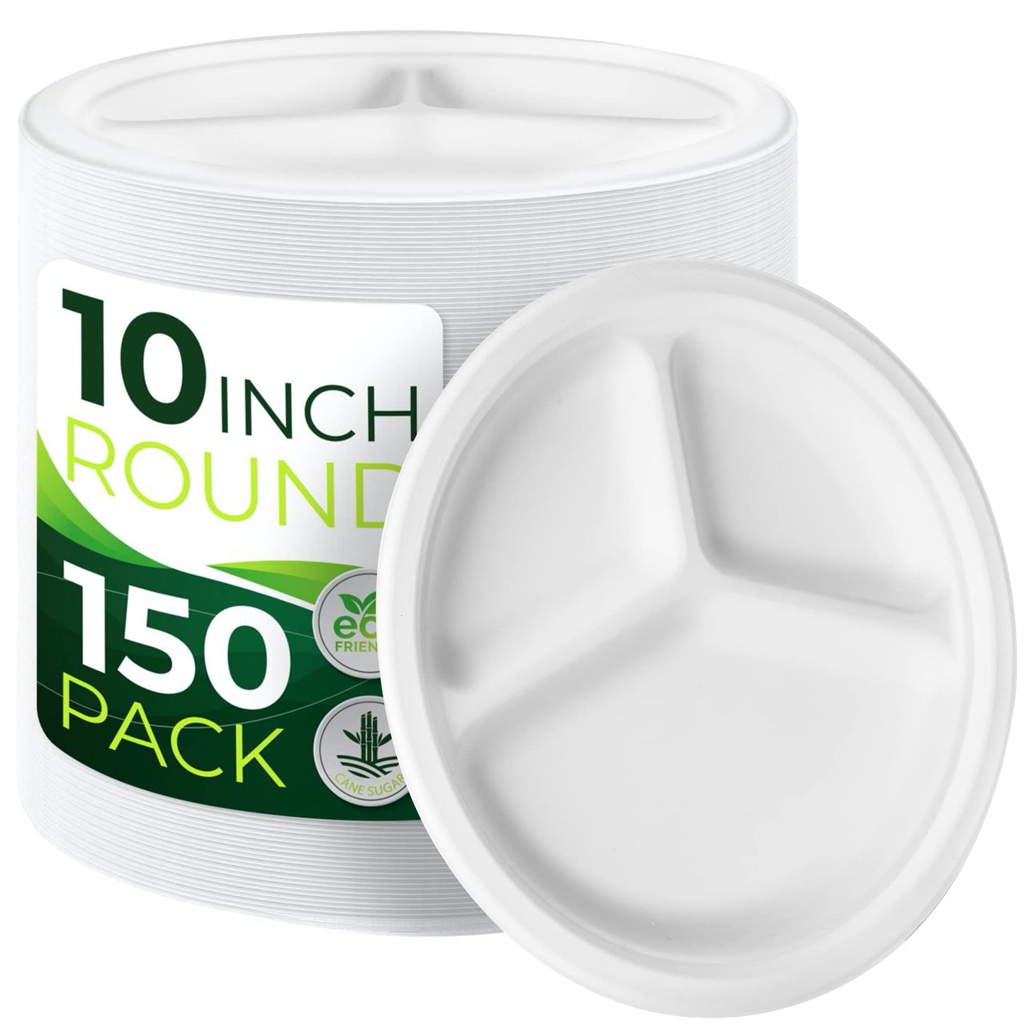 BIRCHIO 150-Piece 100% Compostable 10in Paper Plates, 3-Compartment Heavy Duty Disposable Eco-Friendly Biodegradable Sugarcane Fiber Plates