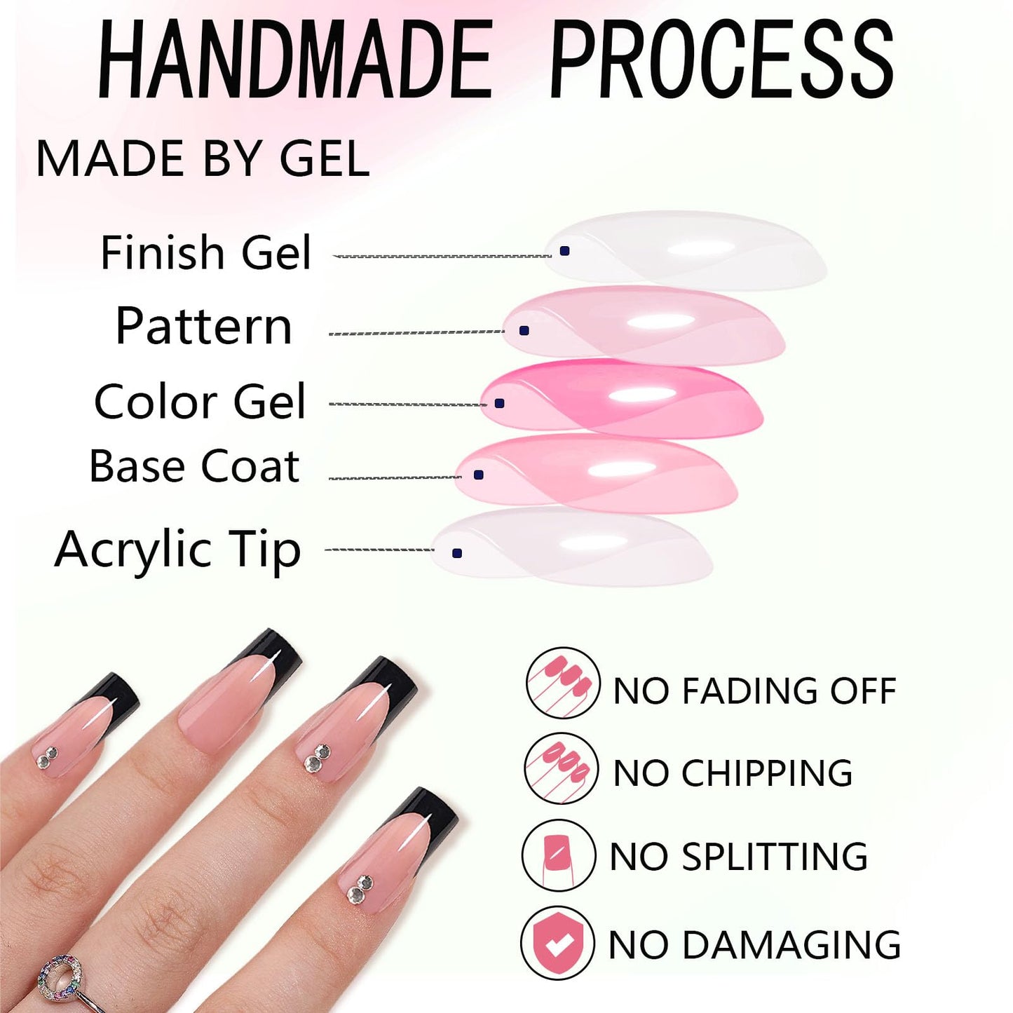 WAFOLOZE Black French Tip Press On Nails - Long Press On Nails Square Fake Nails with Two Crystal Diamonds, Artificial Nails 16 Sizes - 32Pcs False Nails Tips Kit, Stick On Nails for Women