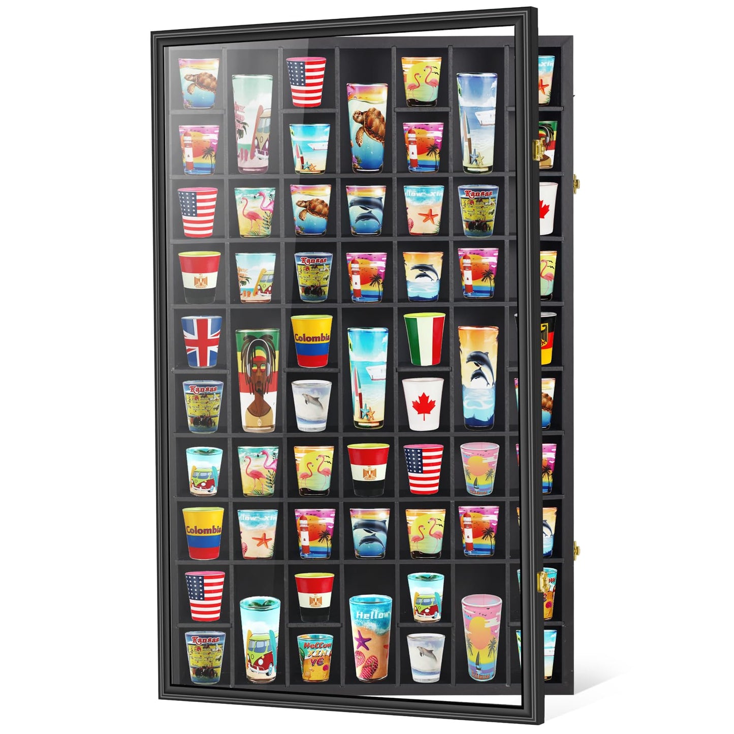 Black Shot Glass Display Case Large 61 Slots Glass Display Holder Wall Mounted Storage Shadow Box with UV Protection Acrylic Glass Door for Room Decor