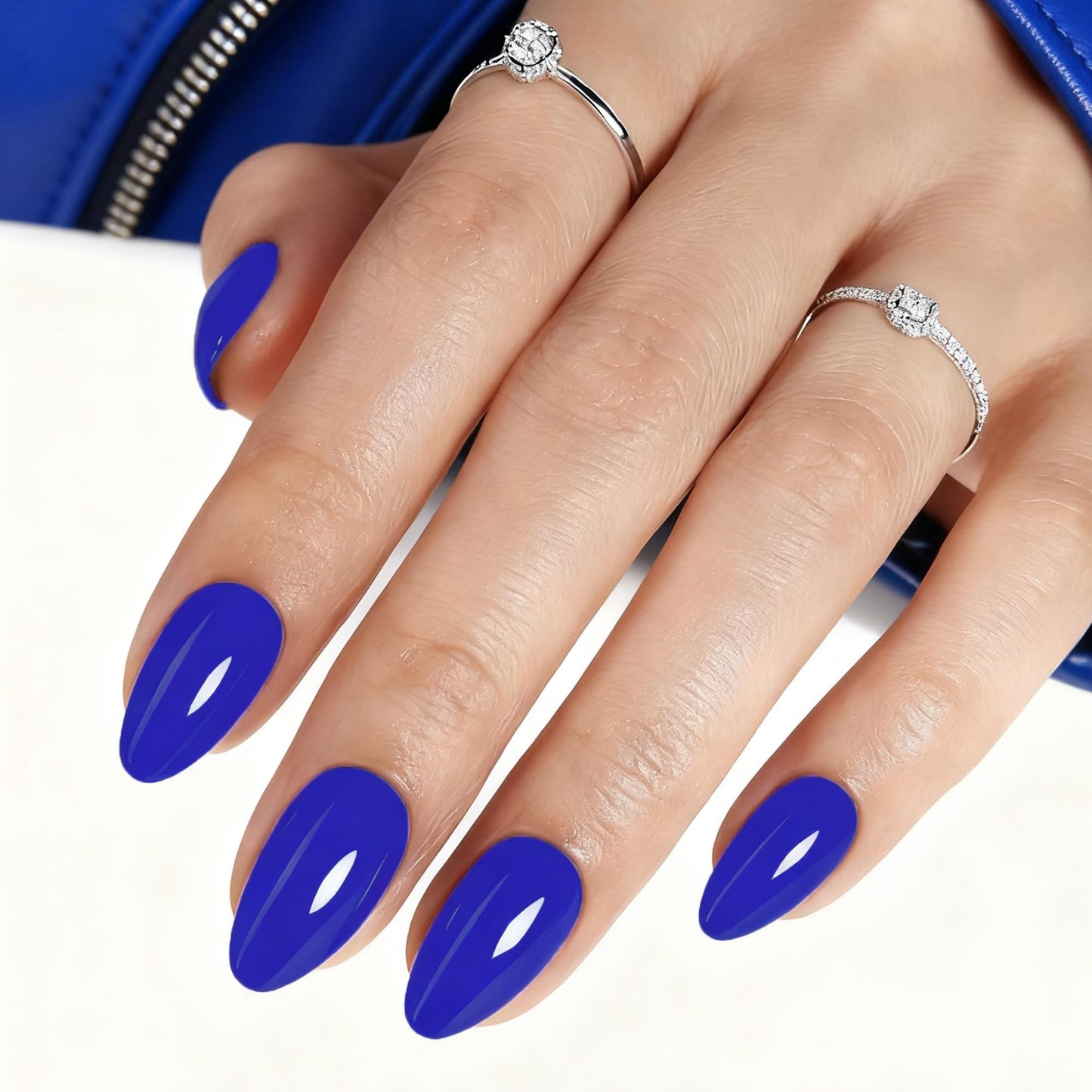Blue Press On Nails Almond -Short Press On Nails with Nail Glue, Fit Perfectly & Natural Reusable Stick On Nails in 12 Sizes - 24PCS Soft Gel Glue On Nails Kit