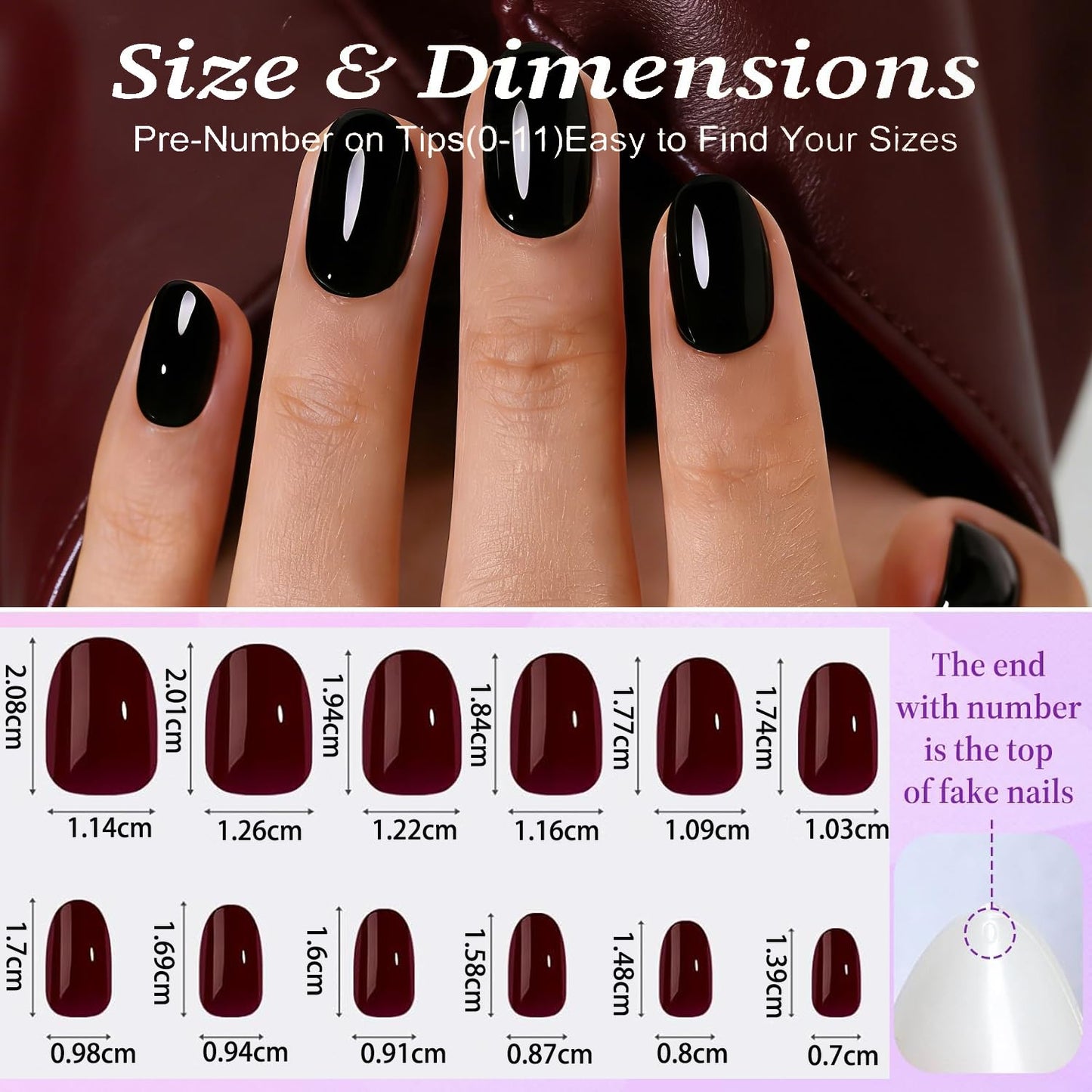 Black Press On Nails Oval -Short Press On Nails with Nail Glue, Fit Perfectly & Natural Reusable Stick On Nails in 12 Sizes - 24PCS Soft Gel Glue On Nails Kit