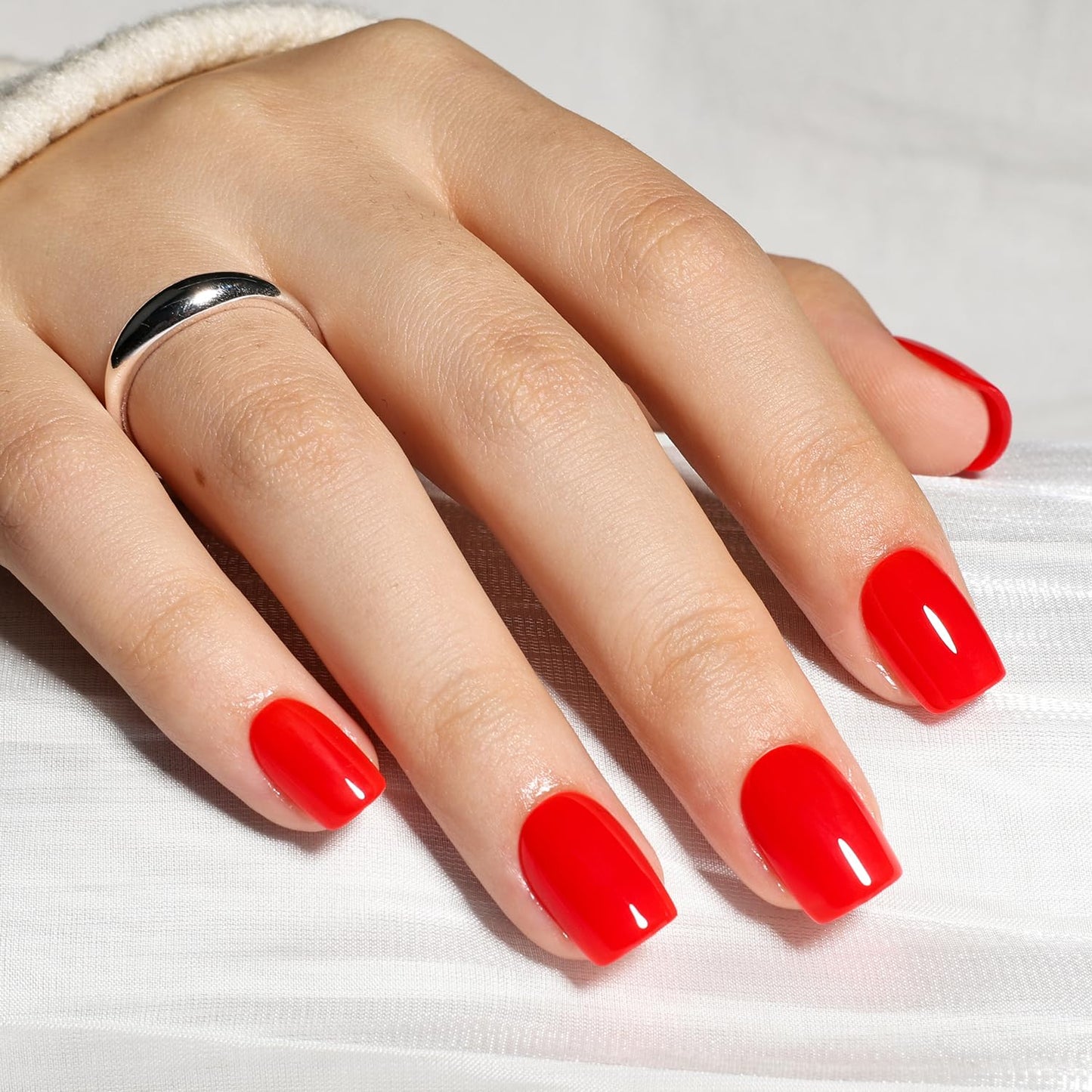 Red Press On Nails - Classic Red Short Square Fake Nails, Square Press On Nails Reusable Stick On Nails in 15 Sizes, 30pcs False Nail Kit for Women & Girls (ClassicRed)