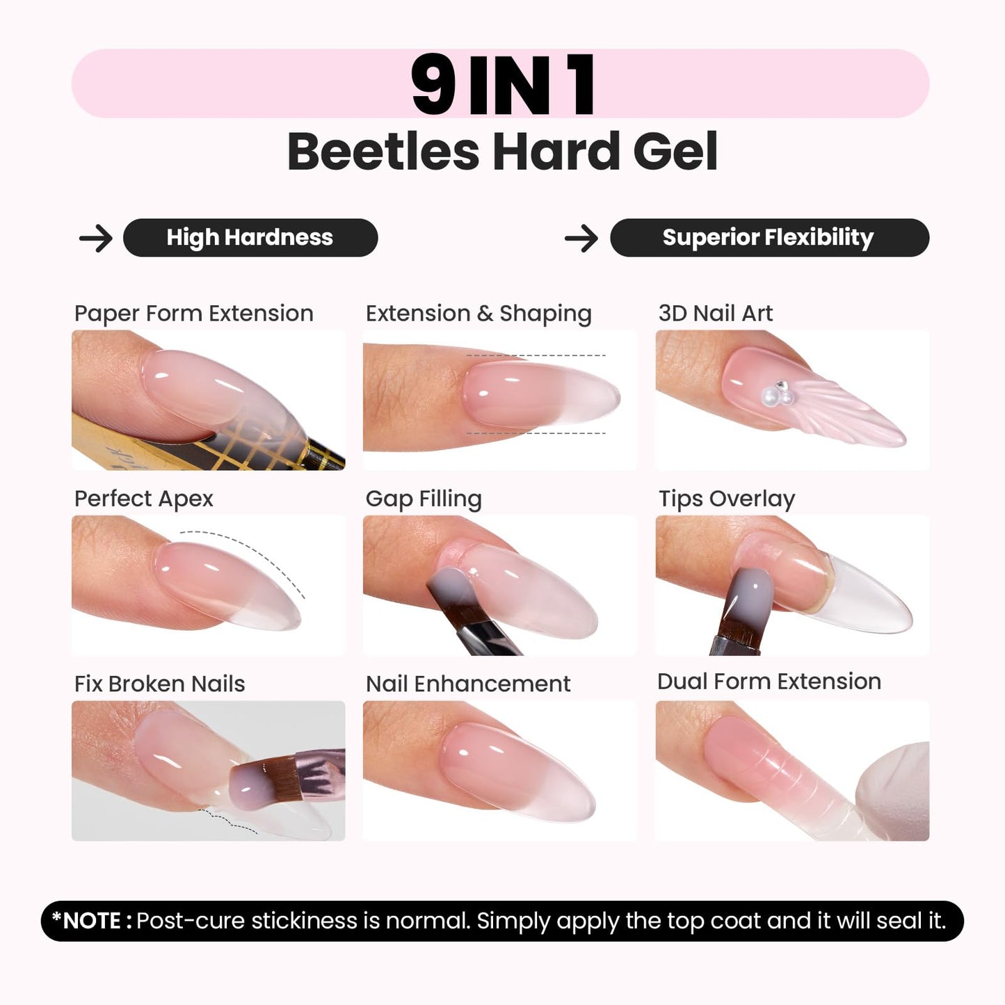 Beetles Hema Free Hard Gel for Nails,2.12 oz 9 in 1 Hard Gel for Nail Extension & Strengthening Broken Nail Repair with Flat Brush 100 Pcs Nail Forms UV LED Lamp Cured Salon Nail Technicians Women