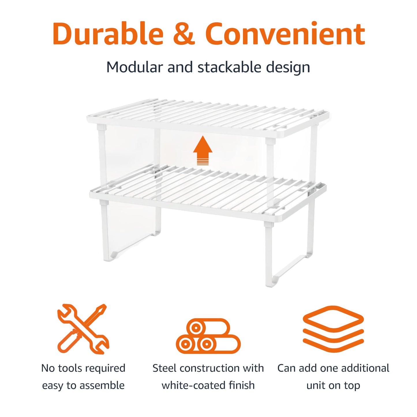 Amazon Basics Space-Saving Stackable Metal Kitchen Cabinet Organizer Shelves for Dishes, Pantry Organization, 12.5" L x 8" D x 4.5" H, Set of 2, White