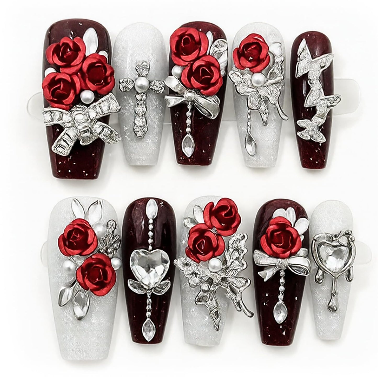 Handmade Press on Nails 10 PCS Long Square 3D Rhinestones Rose & Butterflies Size M Handmade luxury Pearl Charm Layer Gel False Nails for Women(Black&Silver)