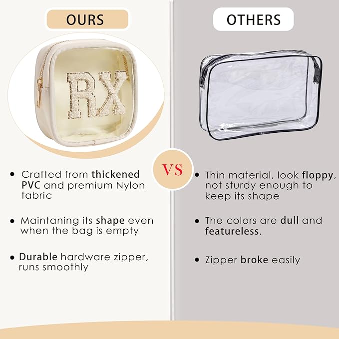 Small Chenille Letter Clear Medicine Makeup Bags,Nylon PVC Waterproof Rx Pouch with Metal Zipper, Cute Drug First Aid Travel Organizer for Women Girls(06Beige)