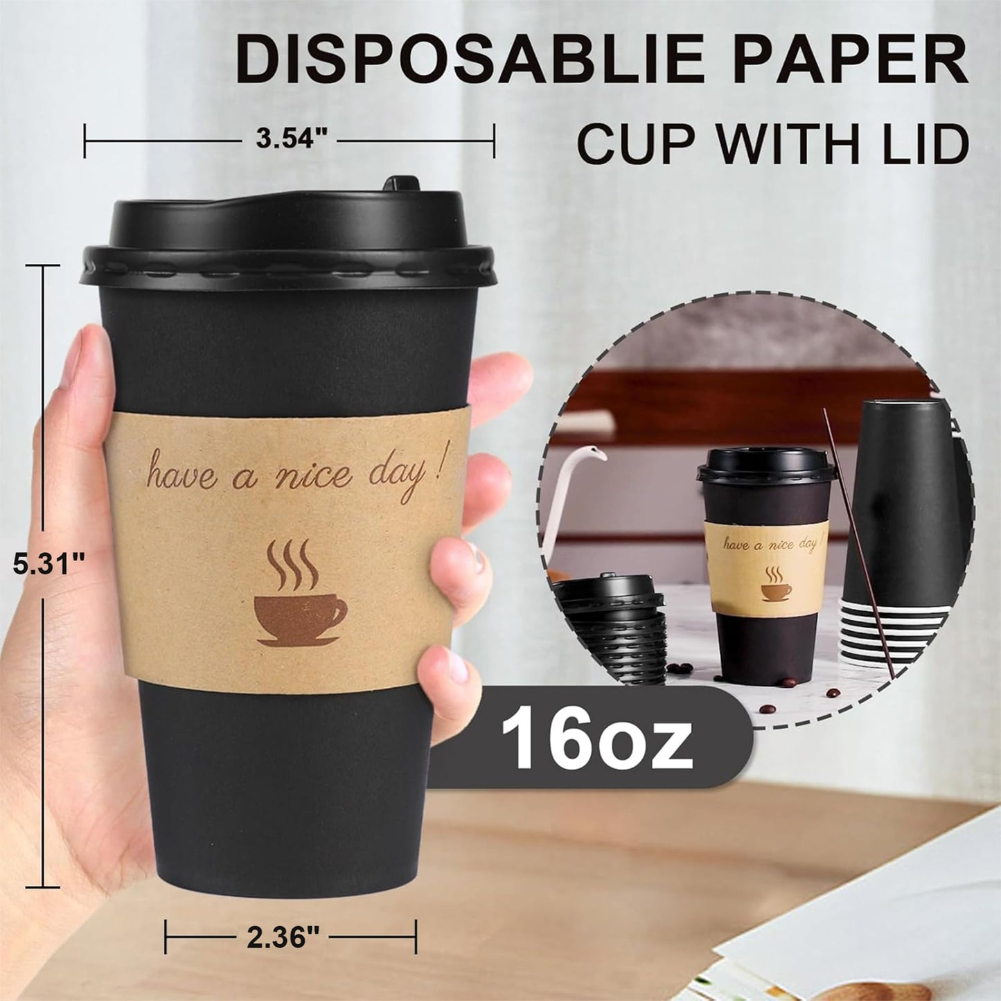 Clawsoff 100 Pack 16 oz Coffee Cups with Lids, Disposable To Go Paper Coffee Cups with Sleeves and Stirring Sticks for Hot/Cold Drinks Office Home Shop Event (Black)