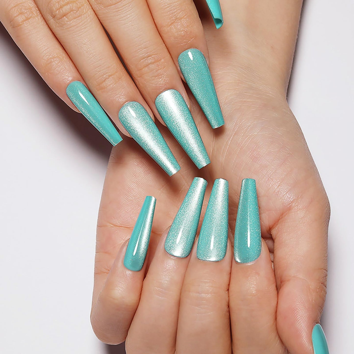 Handmade Press on Nails - Cyan Long Fake Nails | Velvet Effect Design False Nails | Glossy,Glitter,Gradient Color,Reusable Acrylic Nails | 12 Sizes - 24 Nail Kit with Jelly Glue