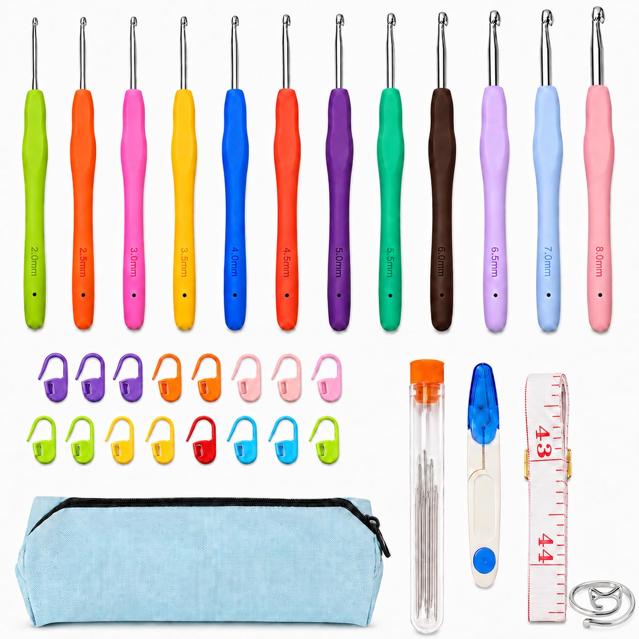 Crochet Hooks 12 Sizes Crochet Hook Set, 50 Pack Yarn Crochet Kit for Beginners, Knitting Needles with Ergonomic Handles for Arthritic Hands, Crochet Needle Kit with Blue Case for Crocheters