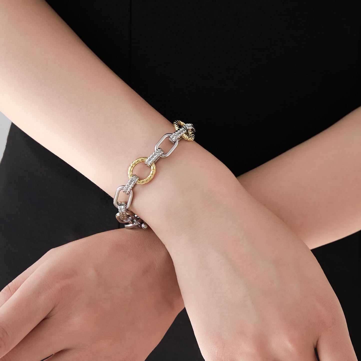 Mytys Link Bracelet for Women 2 tone Circles Chain Silver and Gold Wire Cable Bangle Designer Inspired Bracelets (Gold & Silver 12)