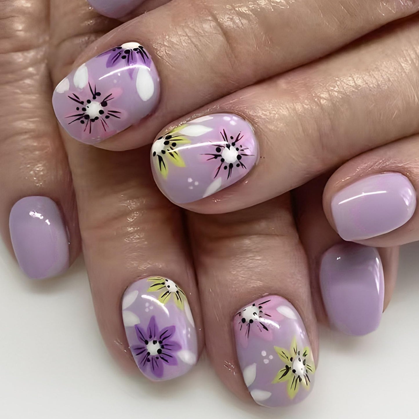 Short Press On Square Fake Nails with Flower Designs Acrylic Press Ons Glossy Glue Ons Spring False Purple Full Cover Artificial Stick Ons for Women 24Pcs
