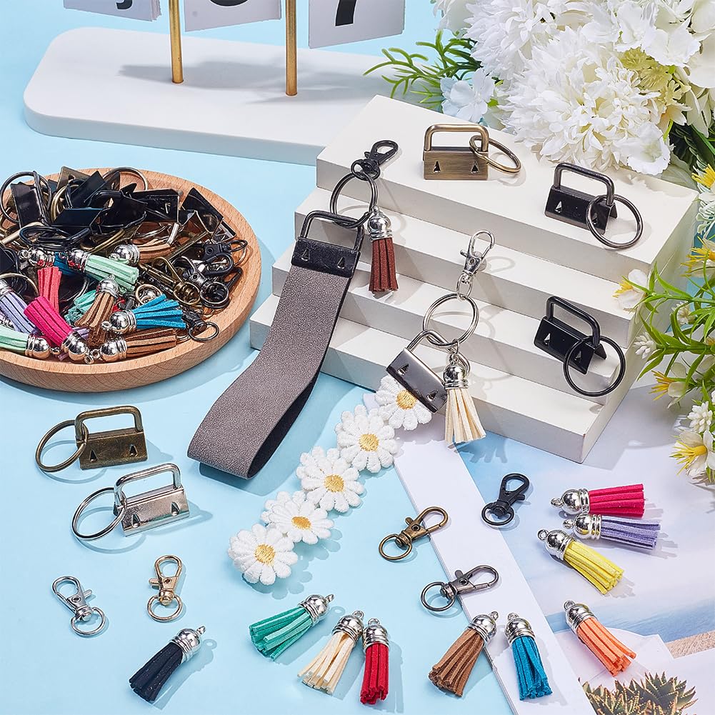 SOFPLATE 75Pcs 6 Colors 1 Inch Key Fob Hardware Kit Lanyard Hardware Set with Keyrings 25 Tassel Charms 25 Swivel Snap Hooks Wristlet Keychain Kit for Key Chain Making DIY Crafts Accessories Supplies