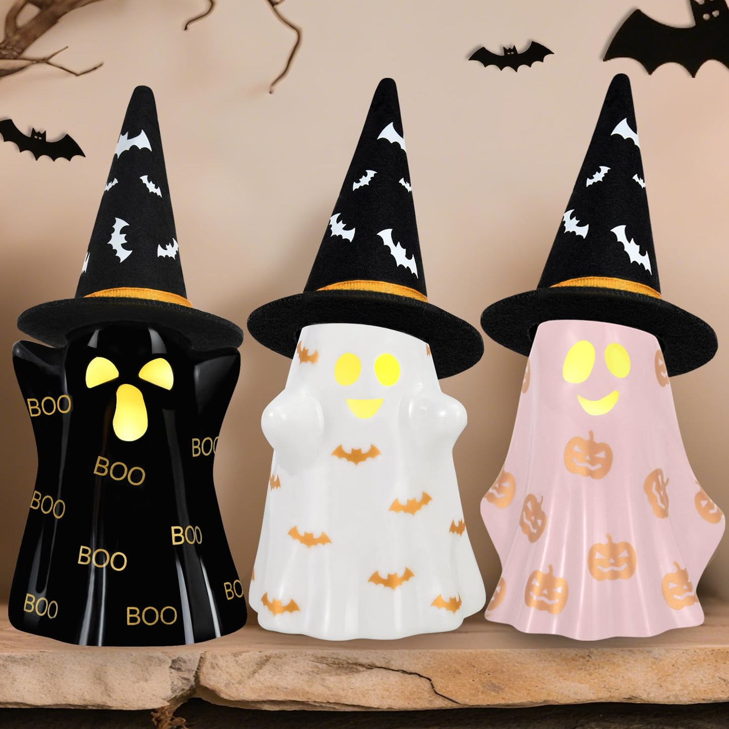 Byrita Halloween Decorations Indoor, Set of 3 Ceramic Halloween Ghosts with Witch Hats, Cute Spooky Lighted Decor Ghost Figurines Witch Hat Scary Pumpkin Bats Boo for Home Mantel Shelf Table Decor