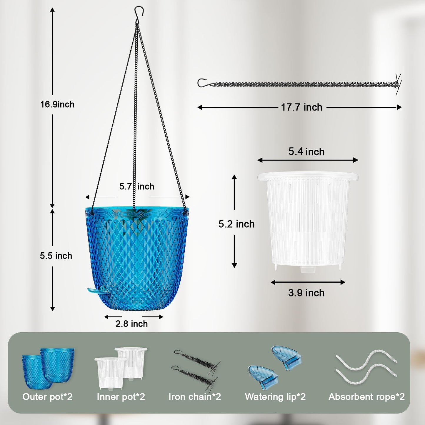 QCQHDU Hanging Planters for Indoor Plants, 2-Pack 5.7 Inch Self Watering Hanging Pots, Plastic Plant Hanger with Drainage Holes and 3 Hooks Chains for Garden Home (Klein Blue)