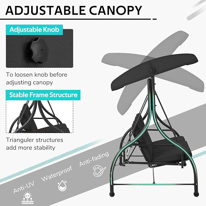 U-MAX Porch Swing with Cover, Patio Swing with Adjustable Backrest&Canopy 3 Seat Outdoor Swing with Canopy 2-in-1 Convertible Patio Daybed with Removable Black Cushions