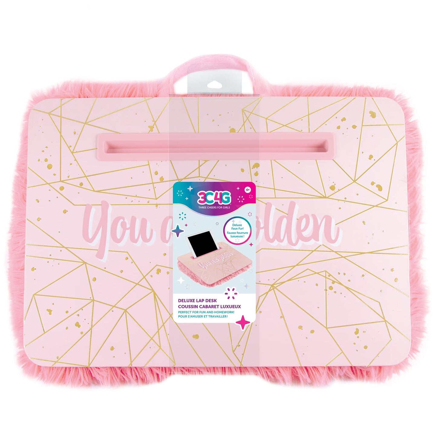 3C4G Pink & Gold Deluxe Fur Lap Desk, Take Tech on The Go, Includes a Media Slot That Perfectly Holds Tablets & Phones, for Ages 6 and up by Make It Real