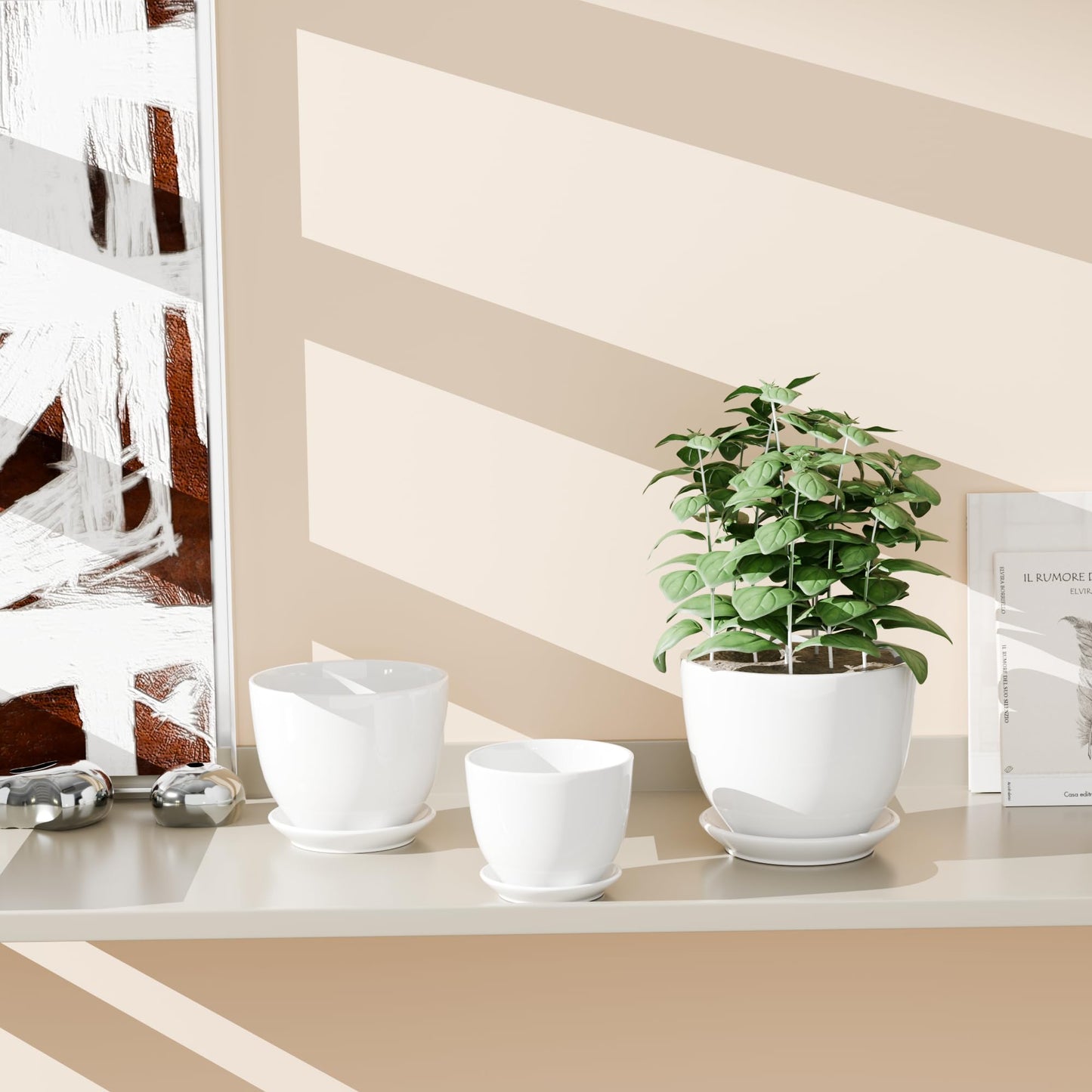 White Ceramic Plant Pots,Set of 3 Indoor Flower Pot with Saucers Small to Medium Sized Planters for Plants,Round Modern Garden Pots(White)
