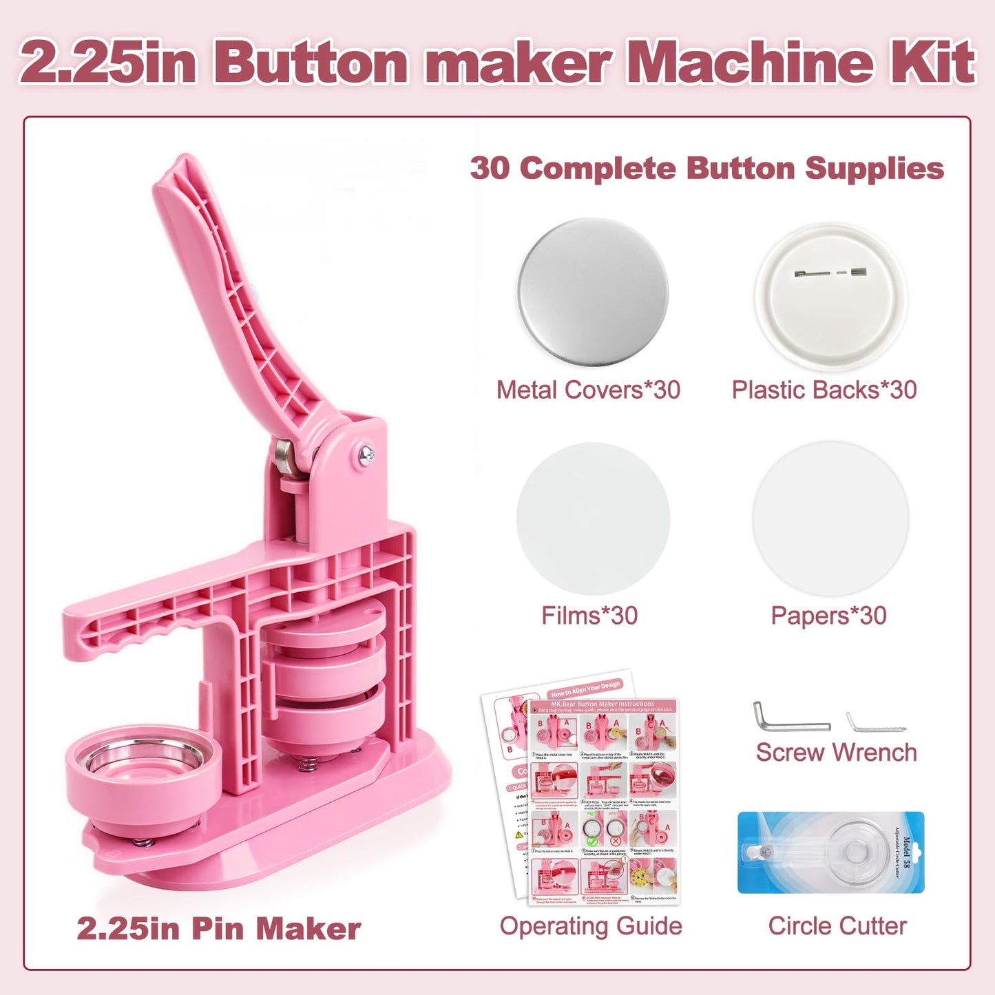 MK.Bear 2026 Button Maker Machine 2.25 Inch (58mm), No Installation Required Pin Maker Kit for Button Making, DIY Pink Badge Maker Button Press with 30 Badge Supplies & Circle Cutter