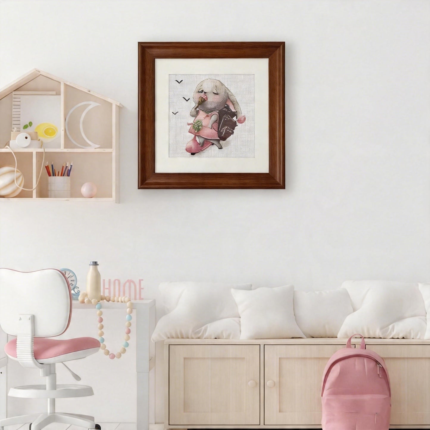 Handmade Cross Stitch Skateboarding Rabbit Wall Art with Solid Wood Frame with Envelope, Greeting Card, 10x10in Framed Pink Bunny Embroidered Nursery Decor, Funny Birthday Gifts for Children