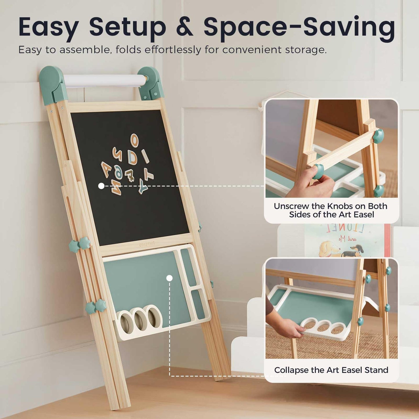 Tiny Land Easel for Kids, Double-Sided Magnetic Easel with Drawing Accessories, Adjustable Wooden Kids Art Easel with Paper Roll, Learning-Toy for 3,4,5,6,7,8 Years Old Boy & Girls Green