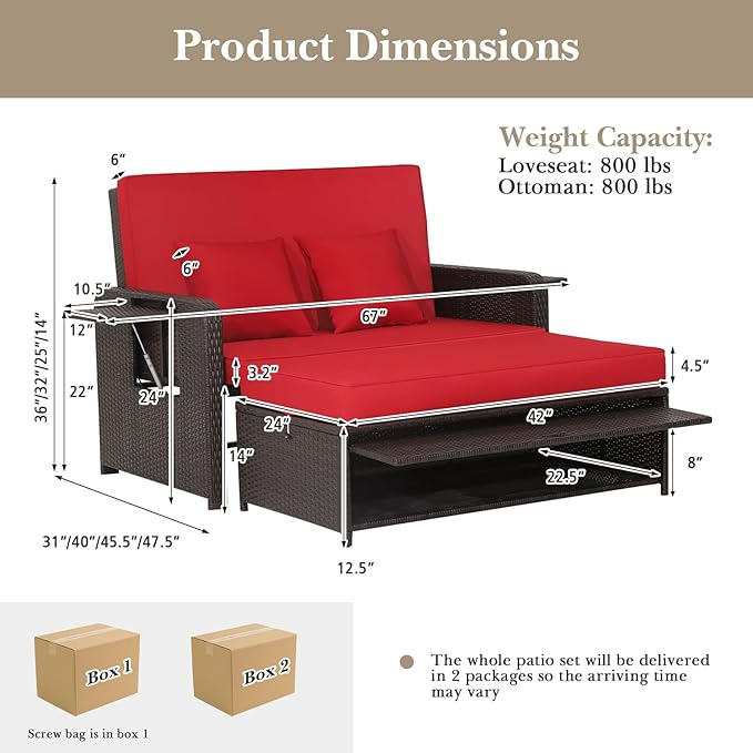 HAPPYGRILL Patio Rattan Wicker Daybed with Loveseat & Storage Ottoman, Outdoor Lounge Sofa Furniture Set with Adjustable Backrest & Side Trays, for Poolside Deck Porch Lawn (Mix Brown & Red)