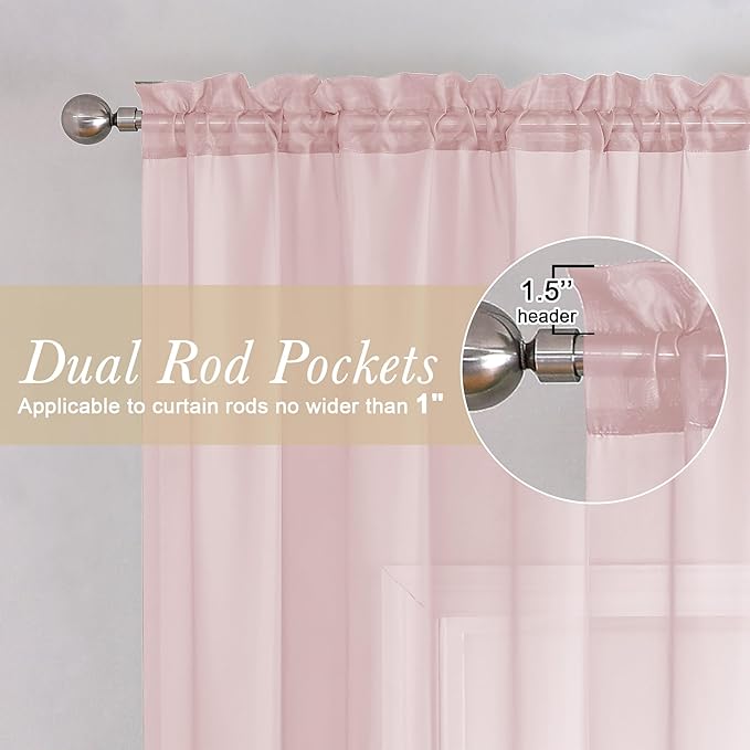 Lecloud Blush Pink Sheer Curtains 108 Inches Long 2 Pcs, Dual Rod Pocket Home Decor Living Room Curtains for Bedroom, Light Filtering Airy Voile Solid Elegant Drapes, Each Panel 59" W x 108" L