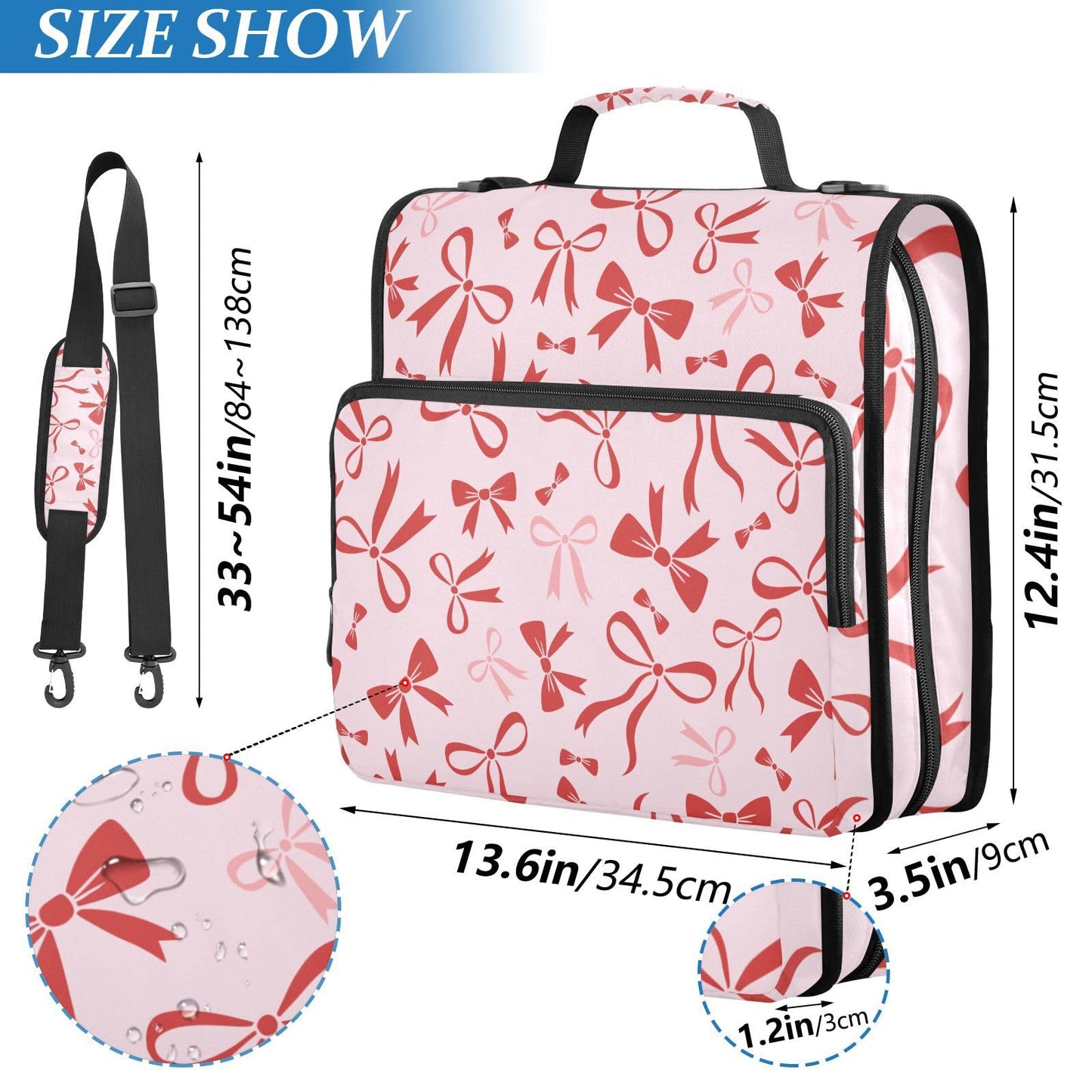 Ribbon Bow Pink Print Zipper Binder Bag 3 Ring with Shoulder Strap & Handle Multi Pocket Binder Organizer Bag Large Capacity for School Office Supplies