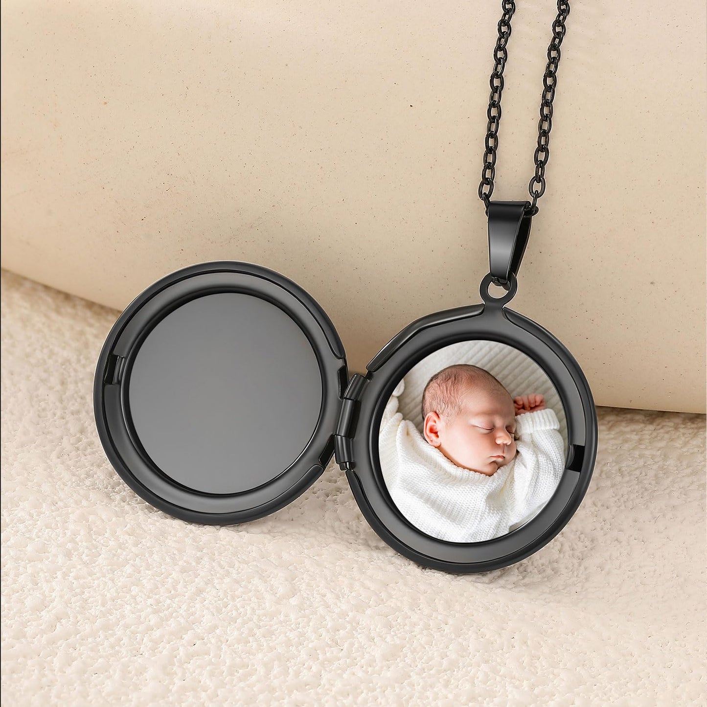 PHOCKSIN Glossy Black Lockets Round Personalized Locket Necklace Custom Photo Lockets for Women Picture Locket Necklaces withe Text Engraved Customized Gifts for Women