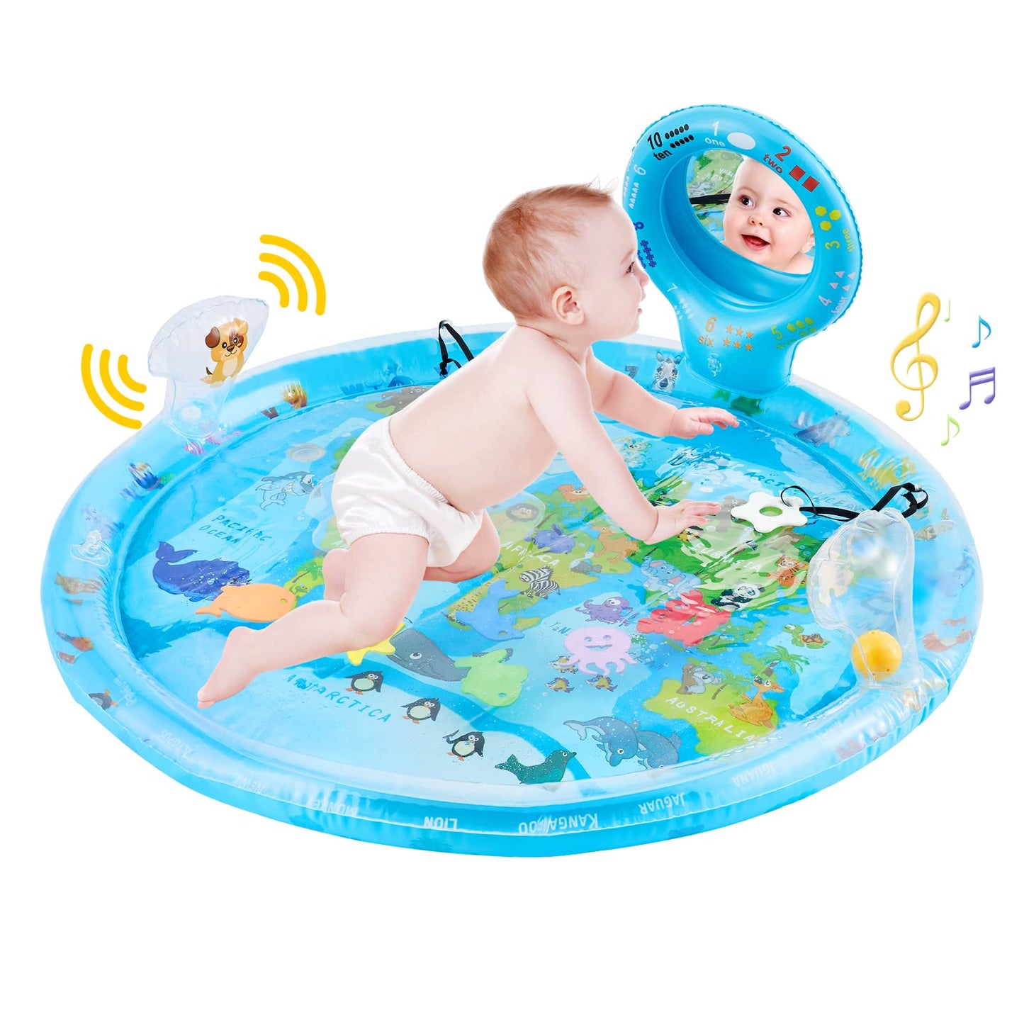 Tummy Time Mat Extra Large 31.5"×31.5" for 3-12 Months Baby, Inflatable Water Playmat with Mirror, Teethers, Rattles & Squeaker, Sensory Activity Center for Motor Development, Visual Stimulation