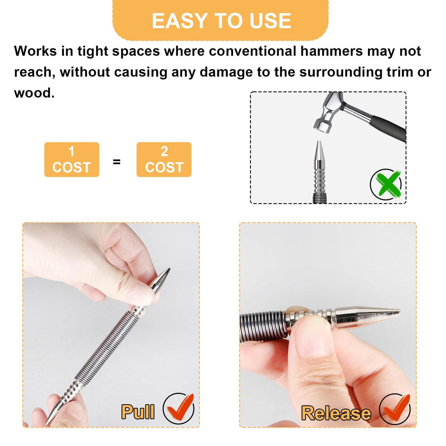 YUEARN 2 Pieces Dual Head Nail Setter, Double Ended 3/32″&1/8″ Spring Loaded Nail Set Hammerless Nail Punch Tool 3500 PSI Striking Force Counter Punch