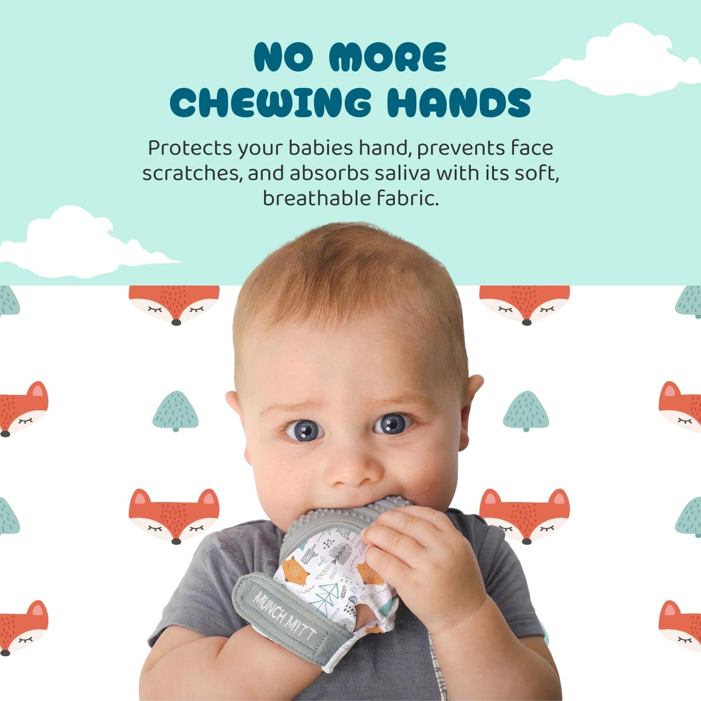 Malarkey Kids Patented Teething Mitten, Munch Mitt Baby Chew Toy - Protects Hands from Chewing & Saliva, Heals Aching Gums, Promotes Sound & Visual Stimulation for Babies - Grey Fox