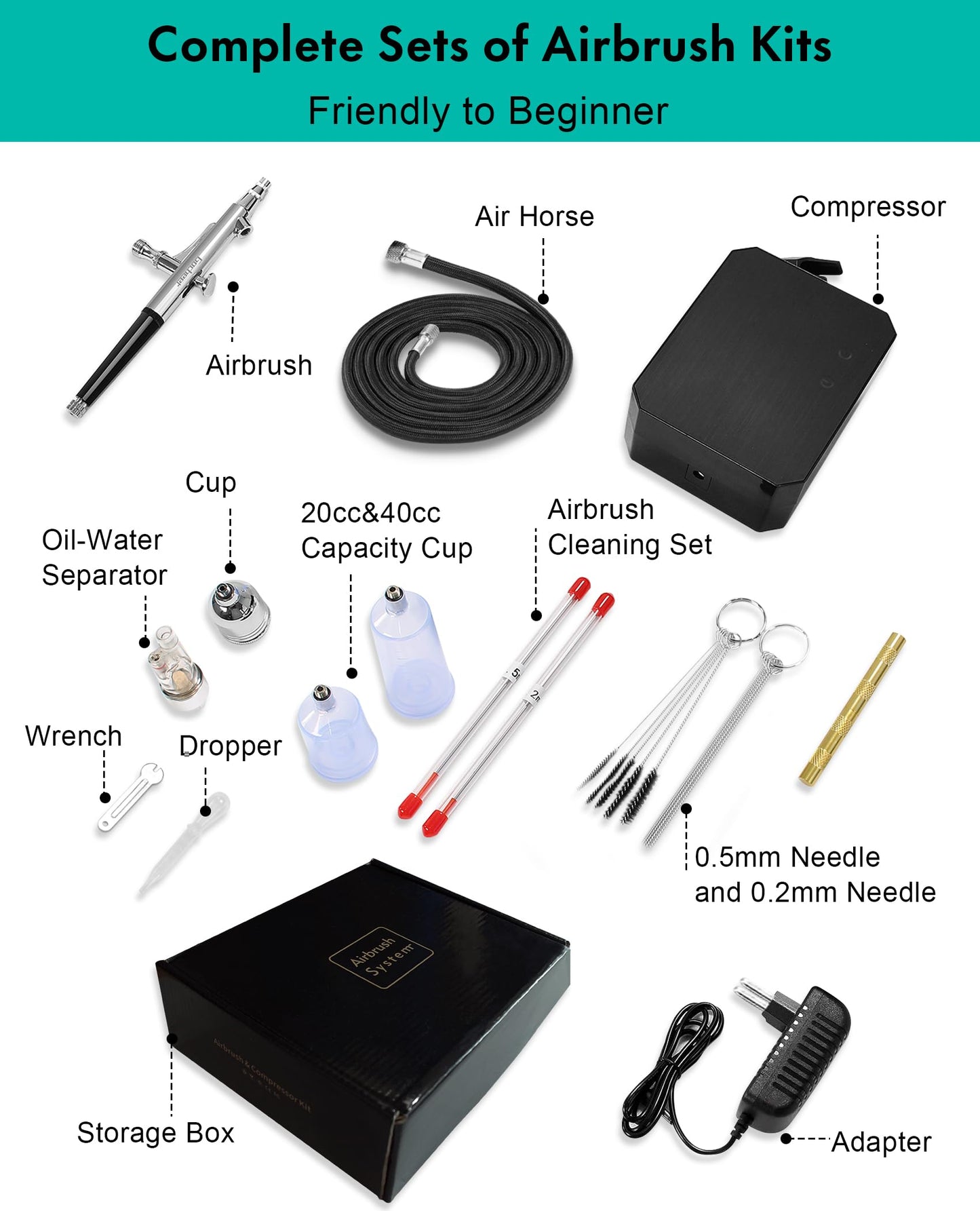 Gocheer Airbrush Kit with Air Compressor, 40 48 PSI High Pressure Air Brush Non-Clogging with 0.2/0.3/0.5mm Nozzle/Cleaning Sets, Ideal for Painting, Modeling, Cake Decor, Makeup (Black, 48 PSI)