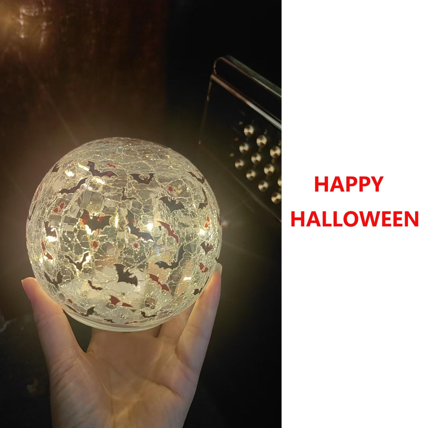 GASTAT Halloween Glass Globe Light with Crackled Crystal Effect, LED Bat Blood Design Tabletop Decorative Lamp for Home Garden Party
