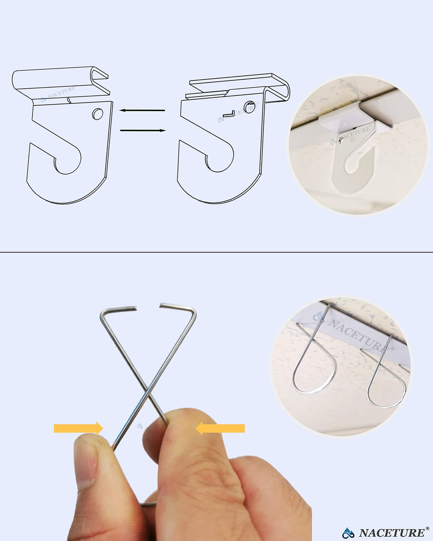 NACETURE 75 PCS Drop Ceiling Hooks – 25 Heavy Duty Ceiling Hooks + 50 Clip-on Tile Hangers, No-Drill, Hold 15 lbs – for Hanging Lights, Decorations, Plants in Home, Office, Classroom
