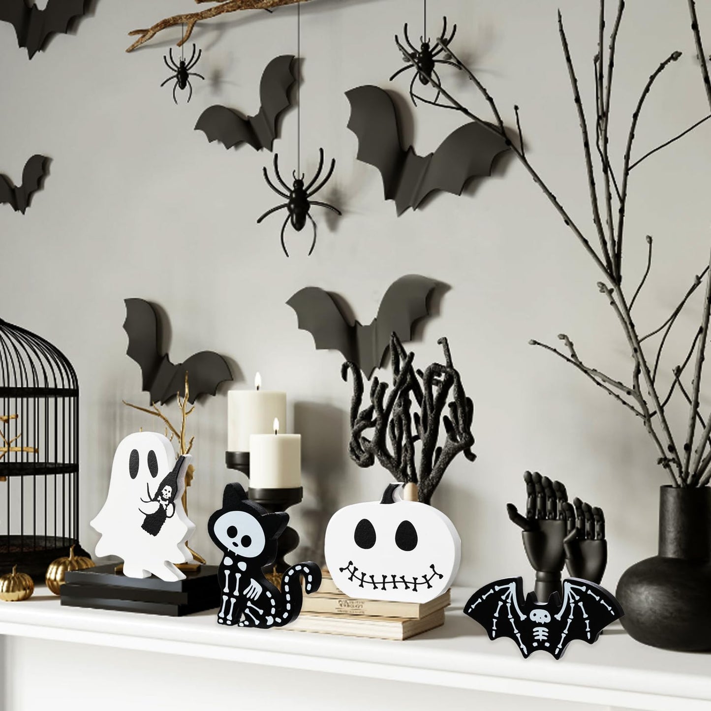 4PCS Halloween Decorations Indoor, Halloween Tiered Tray Decor Table Sign, Halloween Wooden Signs Ghost Bat Pumpkin Cat Blocks Signs, Table Decor Halloween Party Decorations for Mantle Home Shelf