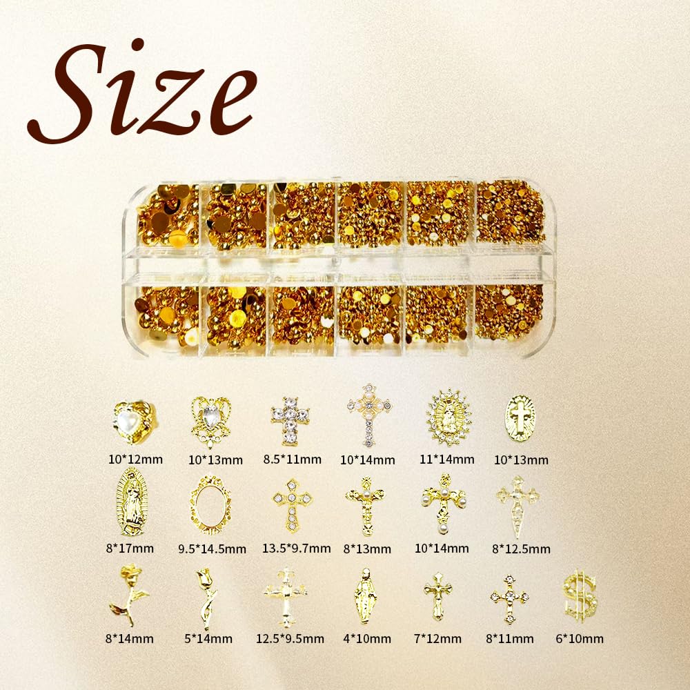 TmoGllp 3D Cross Nail Charms, Gold Flat-Back Bead Charms for Nails, Nail Charms and Gems for Nail Art DIY Design, Nail Rhinestones Accessories Bulk (Gold)