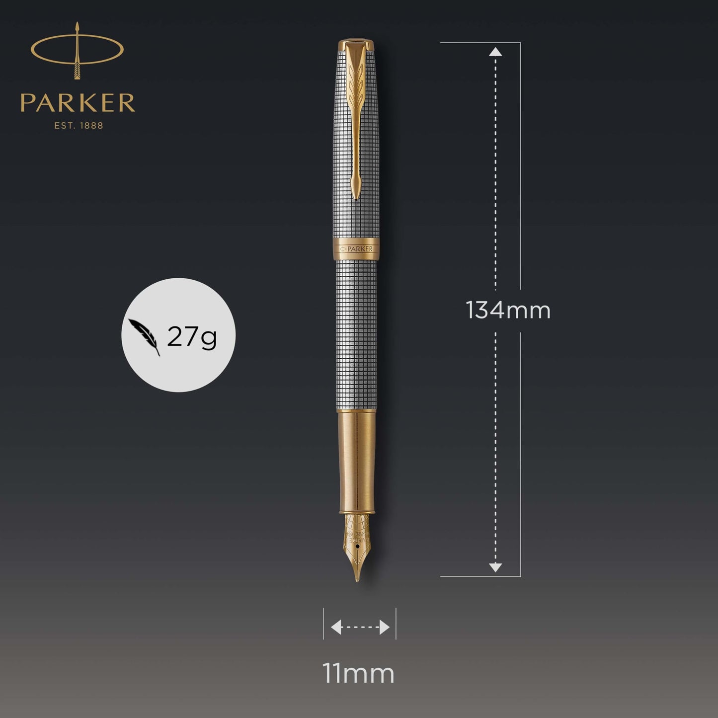 Parker Sonnet Fountain Pen Chiseled Silver with Gold Trim Solid 18k Gold Fine Nib (1931489)