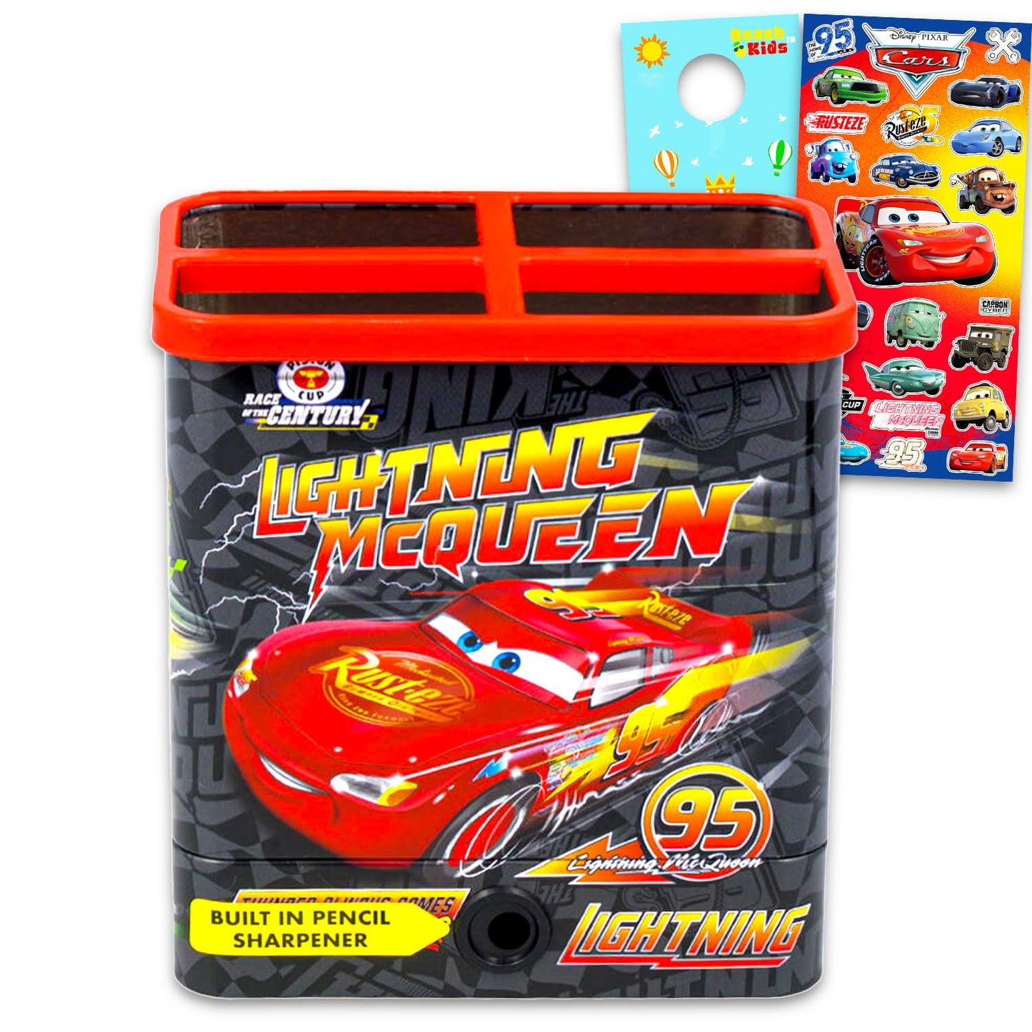 Disney Cars Pencil Holder Set - Bundle of Lightning McQueen Desk Organizer, Pencil Sharpener, Stickers, More | Cars School Supplies Stationery Pack