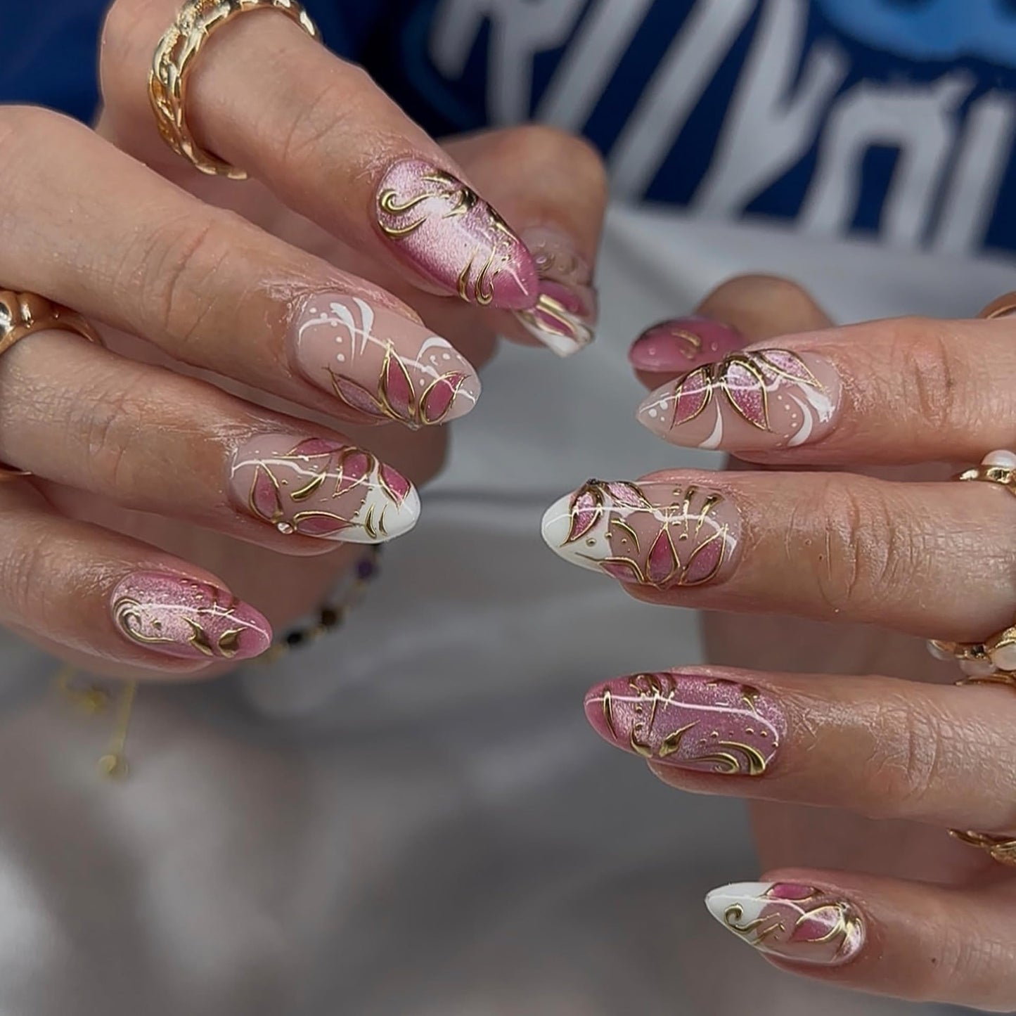 plalely Long Press on Nails Almond, Acrylic Press on Nails with Flower Designs, Long Almond Nail Tips for Women 24pcs