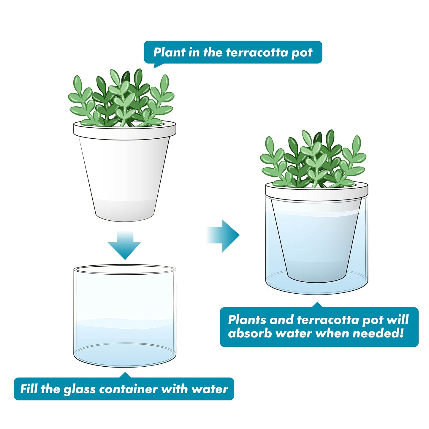 D'vine Dev 4 Inch Design Self Watering Planter for Indoor Plants, White Terracotta Pots with Cylinder Glass Cup, Set of 2, 37-Y-A-2