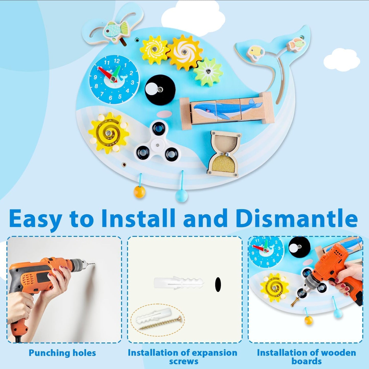 Whale Activity Wall Busy Board Panels, Montessori Sensory Wall Panel for Kids, Toddler Learning Activity Center, Interactive Educational Toys for Playroom Daycare Nursery Classroom Birthday Gifts