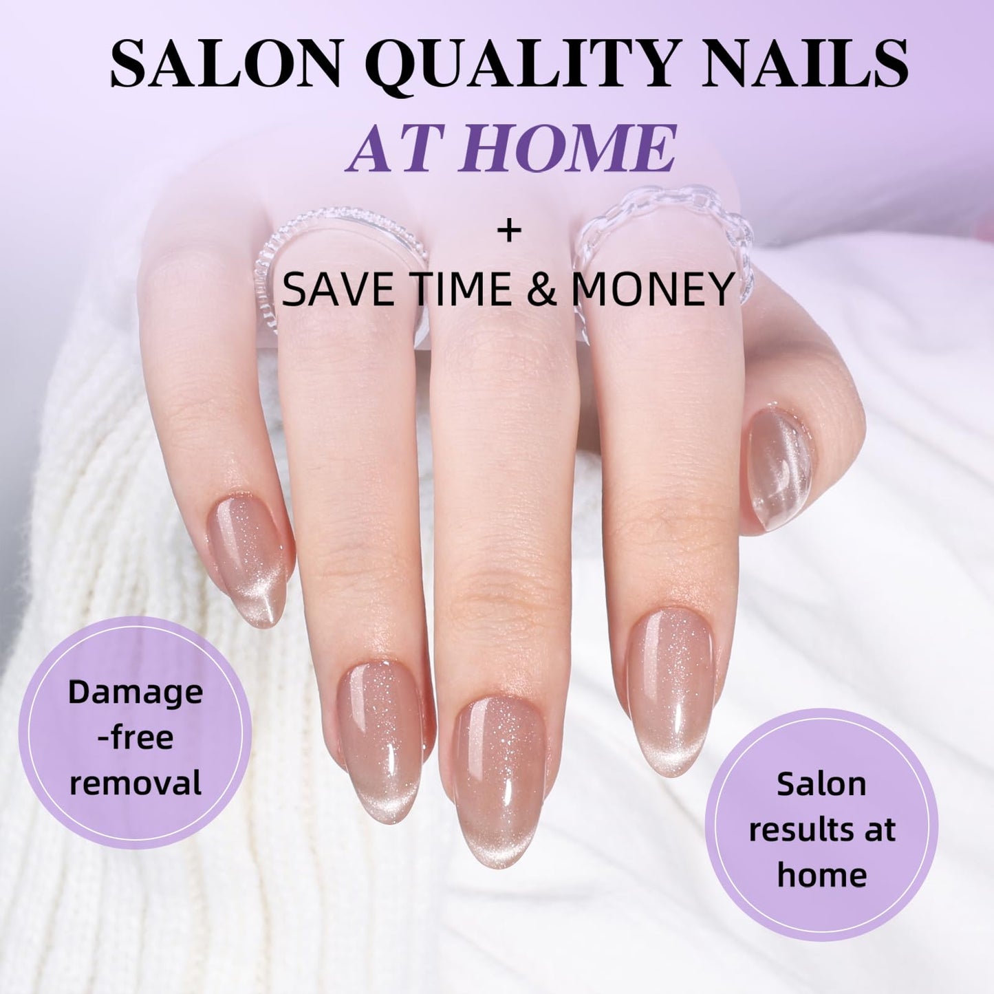 Cat Eye Press On Nails - Short Almond Cat Eye French Tip Press On Nails Press Ons for Women Nude Fake Nails with Glue, Glossy Reusable Glue on Nail in 16 Sizes - 32pcs
