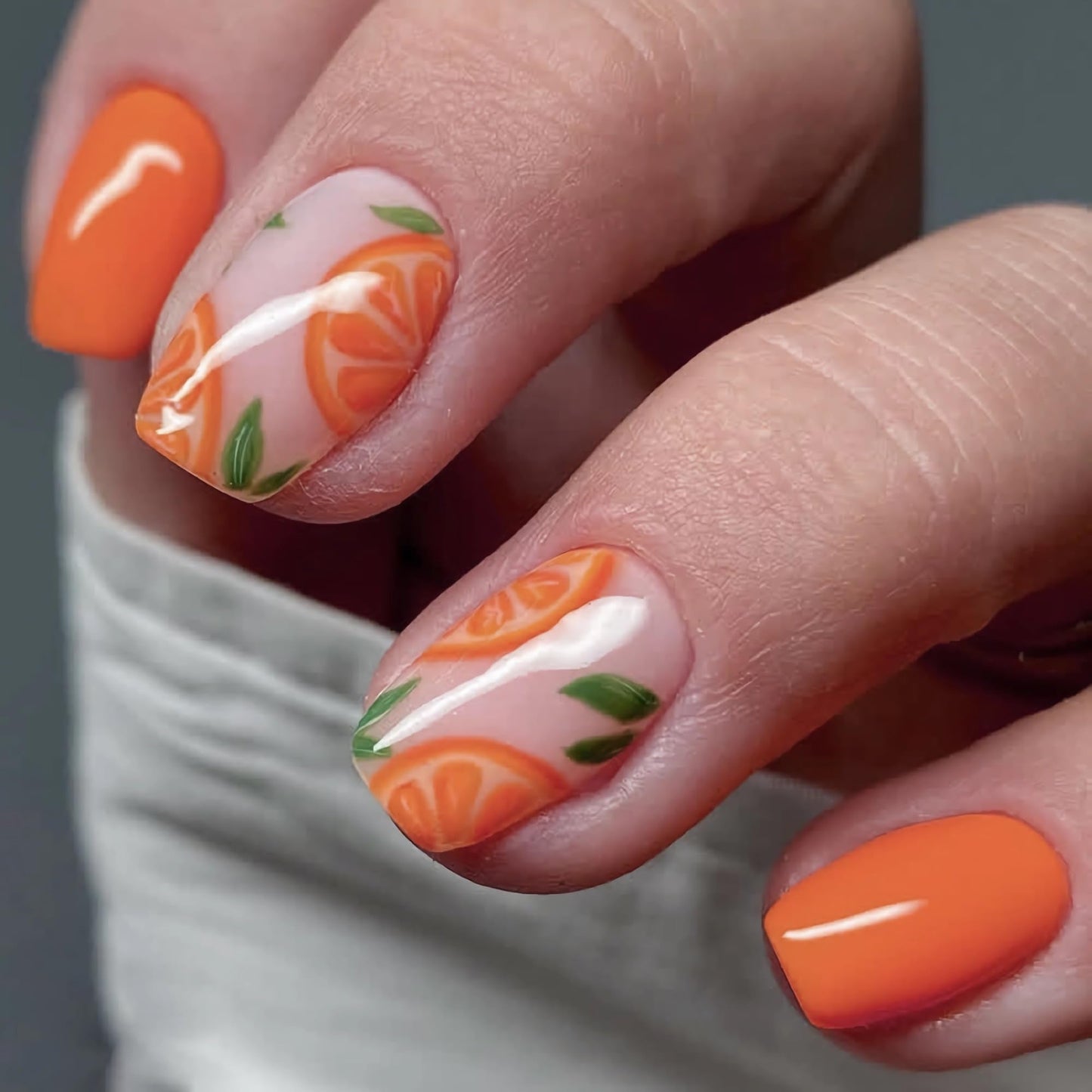 BABALAL Press On Nails, Short Square Fake Nails, Orange Summer, Fruit Pattern,Glossy Full Cover Glue On Nails For Women And Girls 24Pcs