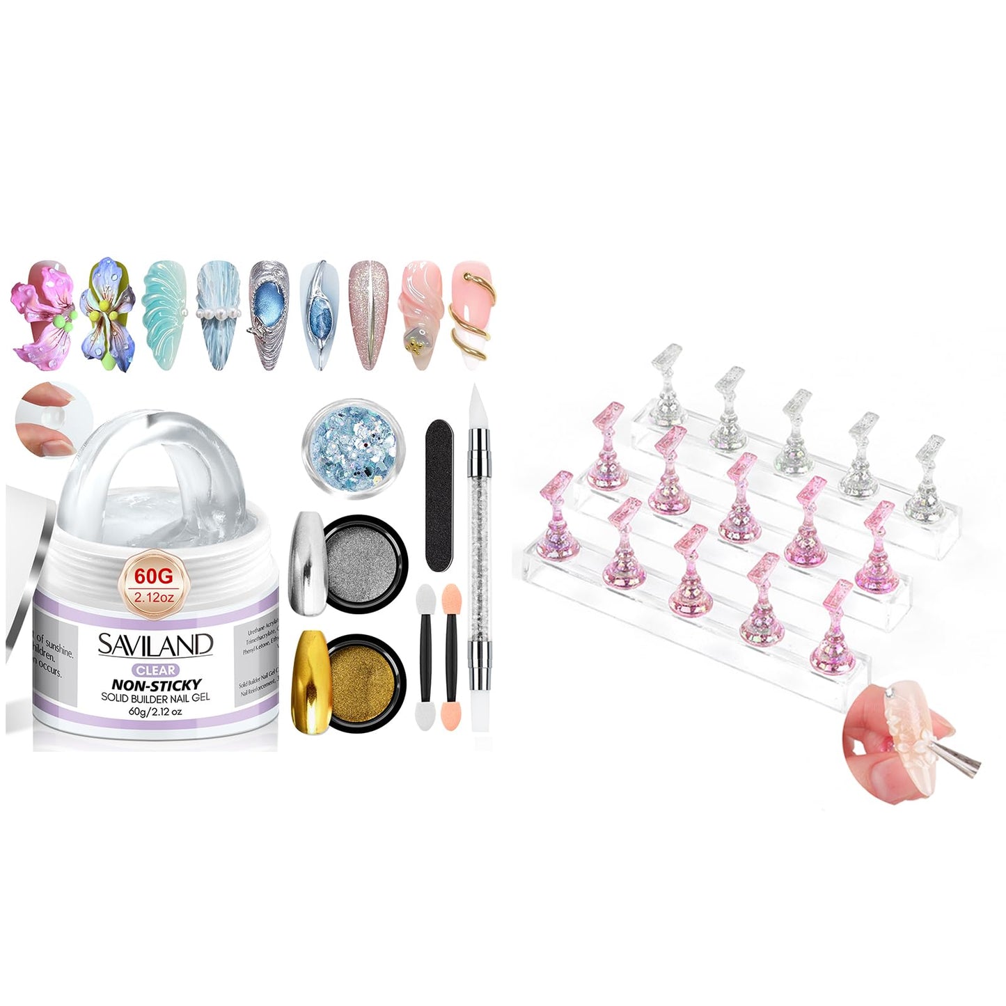 SAVILAND Solid Builder Nail Gel - 60g Large Capacity 3D Nail Gels Sculpting Gel SAVILAND 3 Set Essentials Nail Stand for Press Ons :Powerful Magnetic Nail Holder for Painting Nails Stand Fake Nail Sta