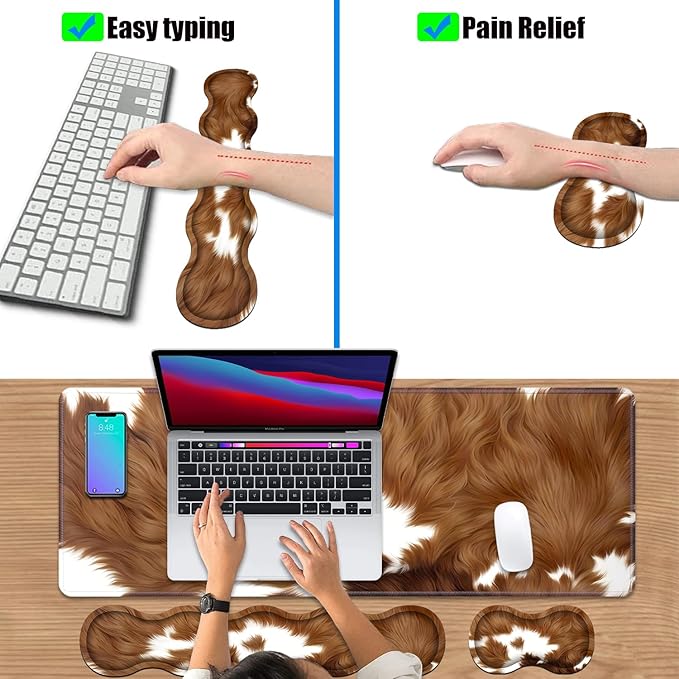 4 in 1 Ergonomic Keyboard Wrist Rest & Mouse Pad Wrist Rest Set, Large XXL Gaming Desk Mat 31.5"x 11.8" with Non-Slip Base, Memory Foam for Home Office Study Gaming, Brown Cow Print