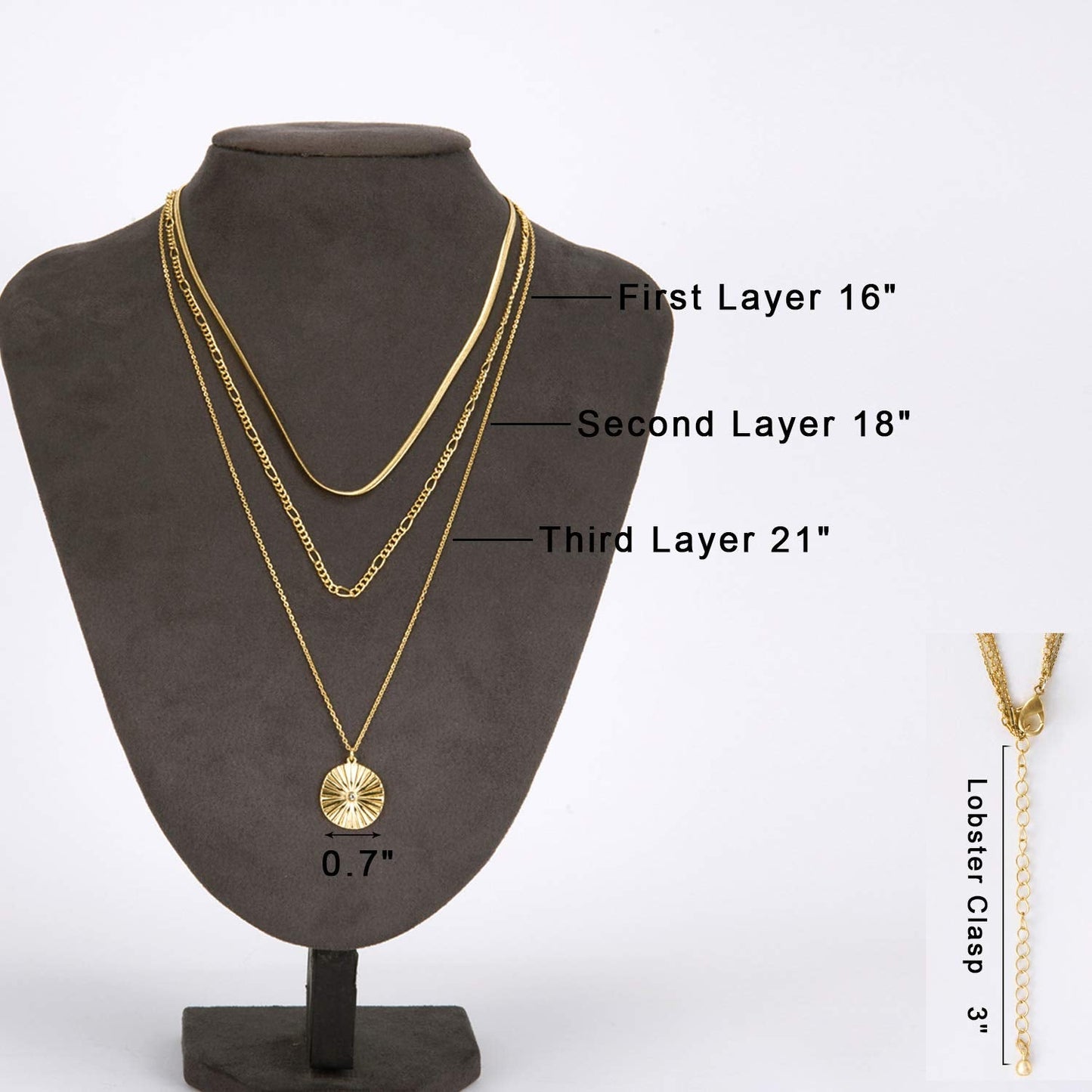 LANE WOODS Layered Necklaces for Women: 14K Gold Plated Long Necklace with Sunburst Pendant