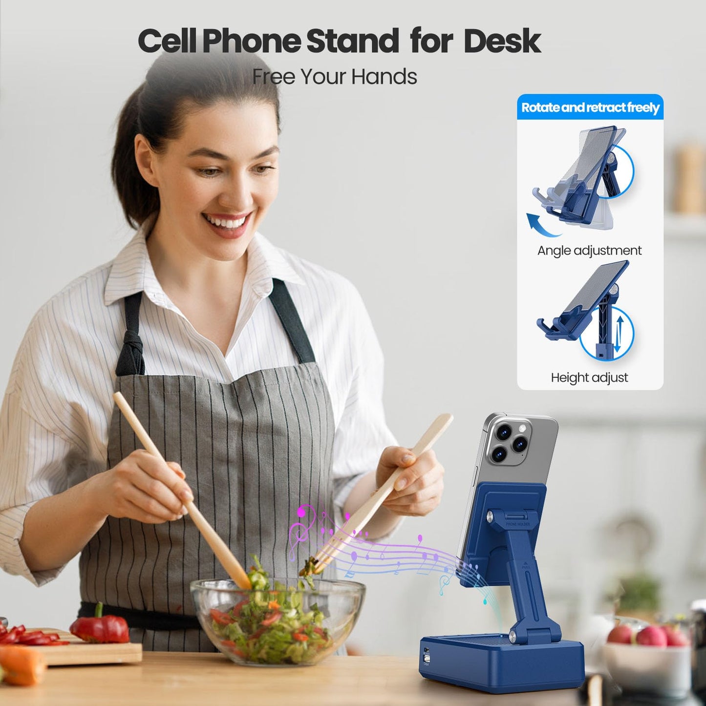 JTEMAN Cell Phone Stand with Bluetooth Speaker,HD Sound Adjustable Phone Holder,Birthday Gifts for Men Women, Cool Tech Kitchen Gadgets for Most Phones and Tablets-Blue